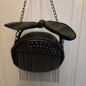 Chic Black Studded Crossbody Bag with Chain Fringe